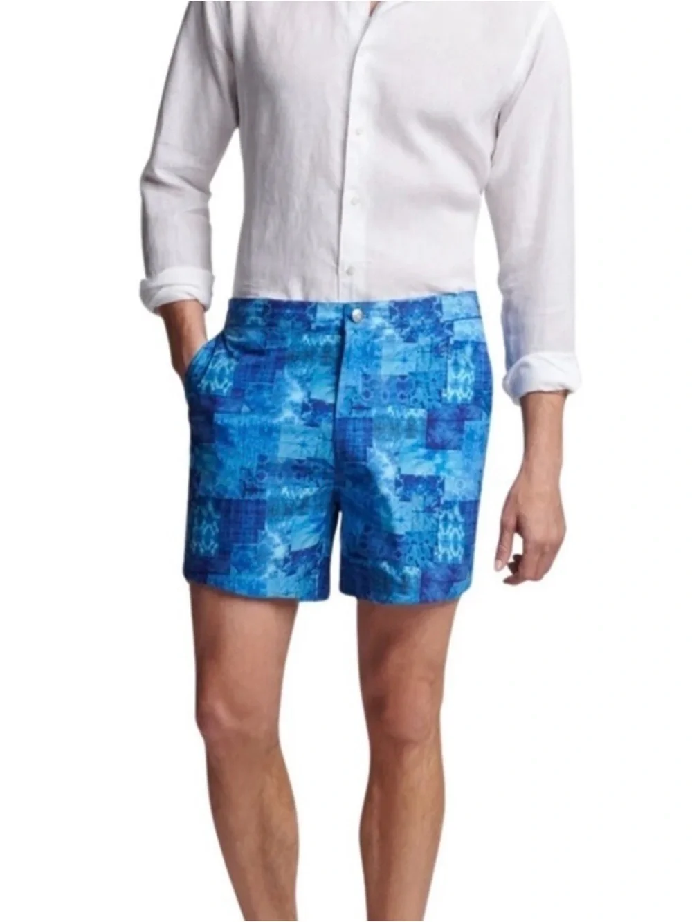Peter Millar Crown Crafted Shibori Patchwork Swim Trunk Blue XL NWT Retail $110